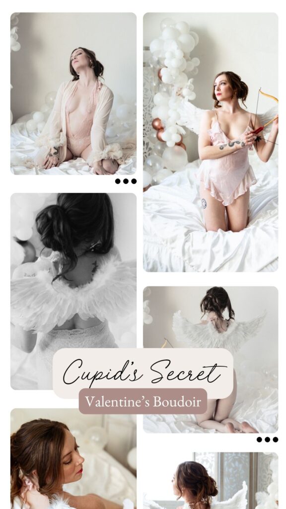 Boudoir image collage with cosplay angel wings