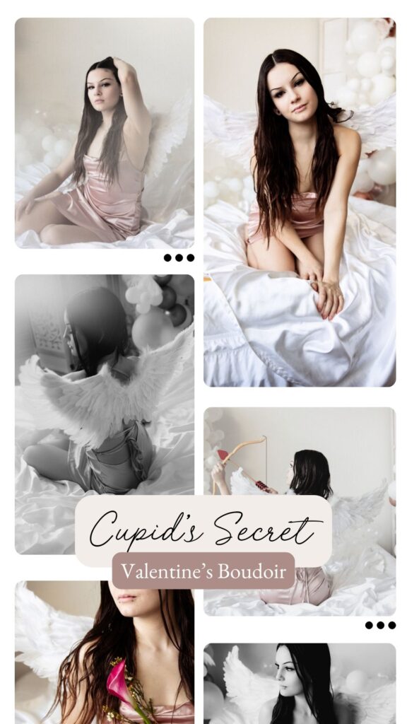 Boudoir image collage with cosplay angel wings